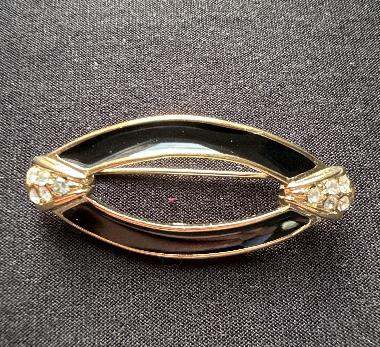 Vintage Trifari Signed Gold Tone Black Enamel Oval Brooch Pin w/ Rhinestones
