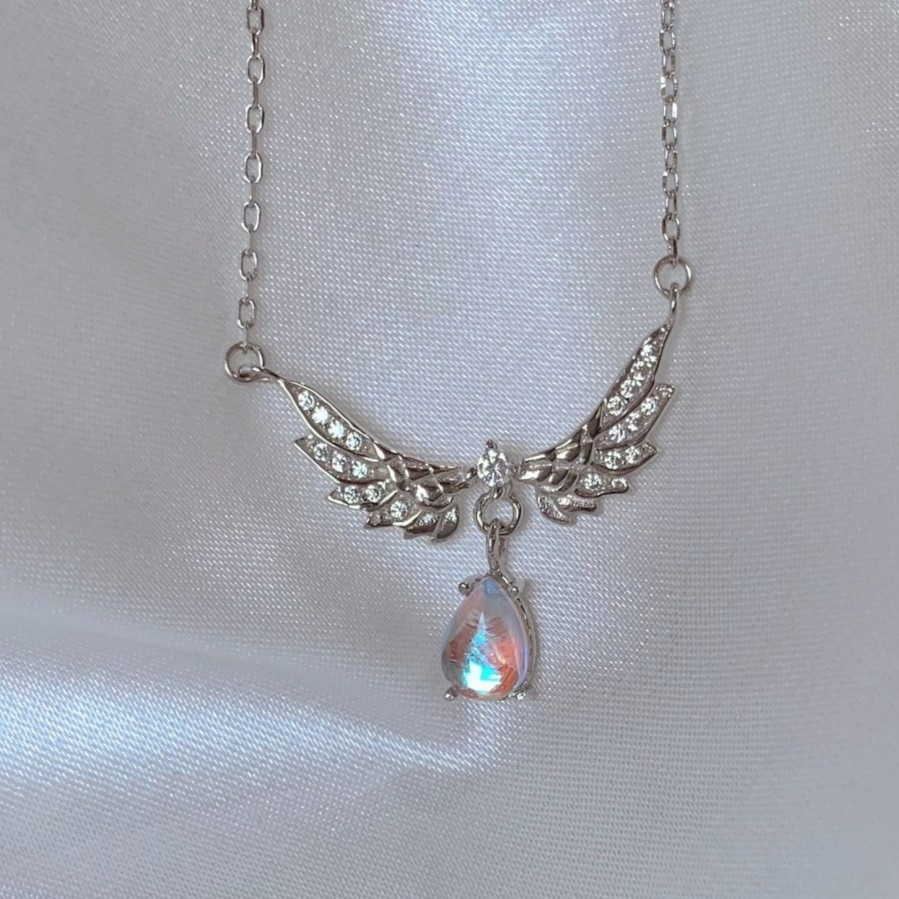 Sparkly CZ Angel Wing Necklace Teardrop Iridescent Moonstone Drop Clavicle Chain