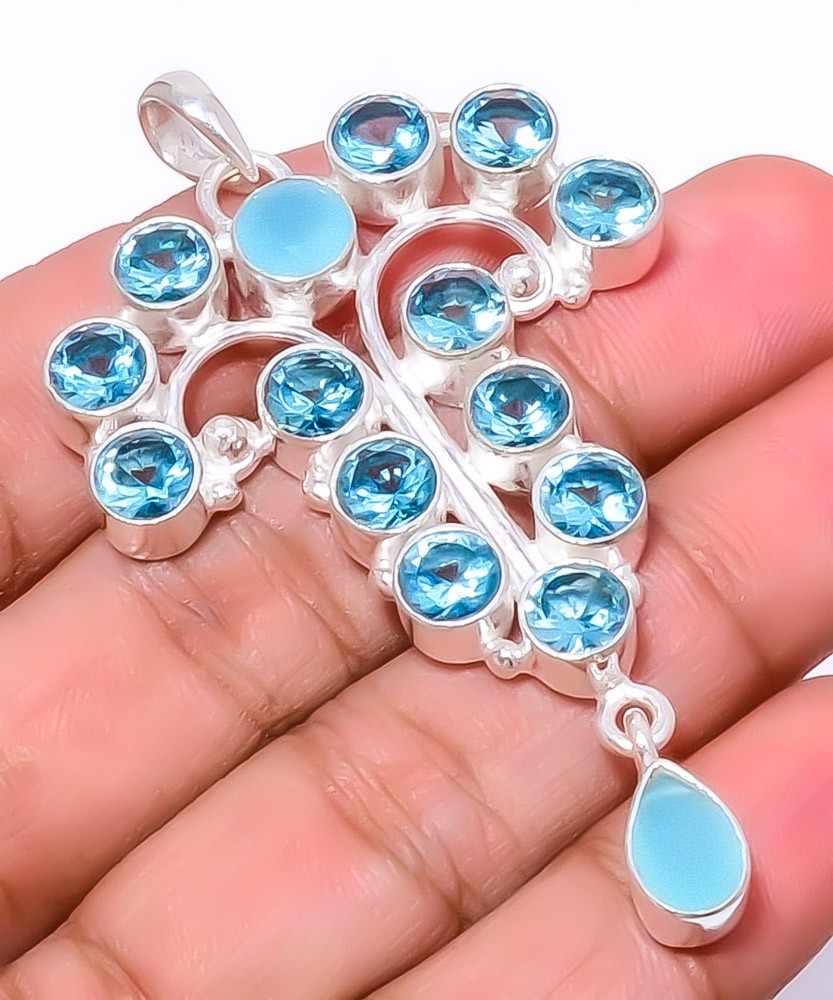 Tanzanite Quartz & Chalcedony 925 Sterling Silver Jewelry Pendant 2.73″ P0-4