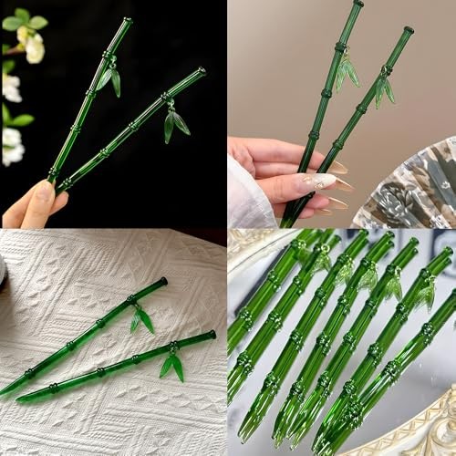 2Pcs Green Bamboo Leaf Hair Stick Pin Resin Chinese Hair Sticks for Buns