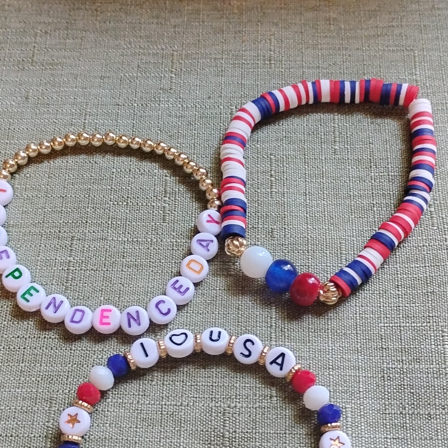 Set of 3 Patriotic Red White Blue Beaded Stretch Bracelets. Happy 250th America!