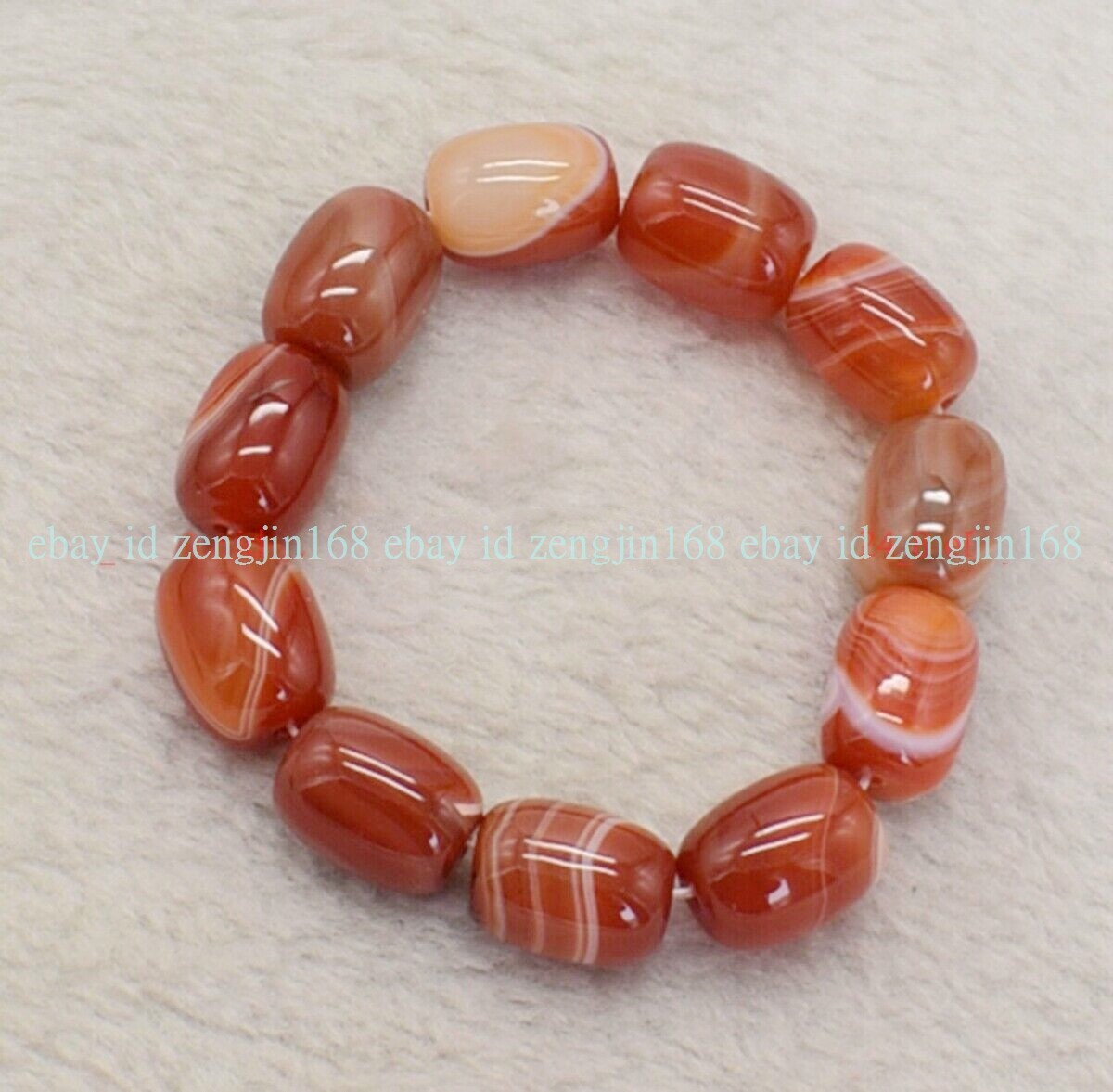 Natural 10x14mm Red Stripe Agate Cylindrical Gem Beads Elastic Bracelet 7.5″