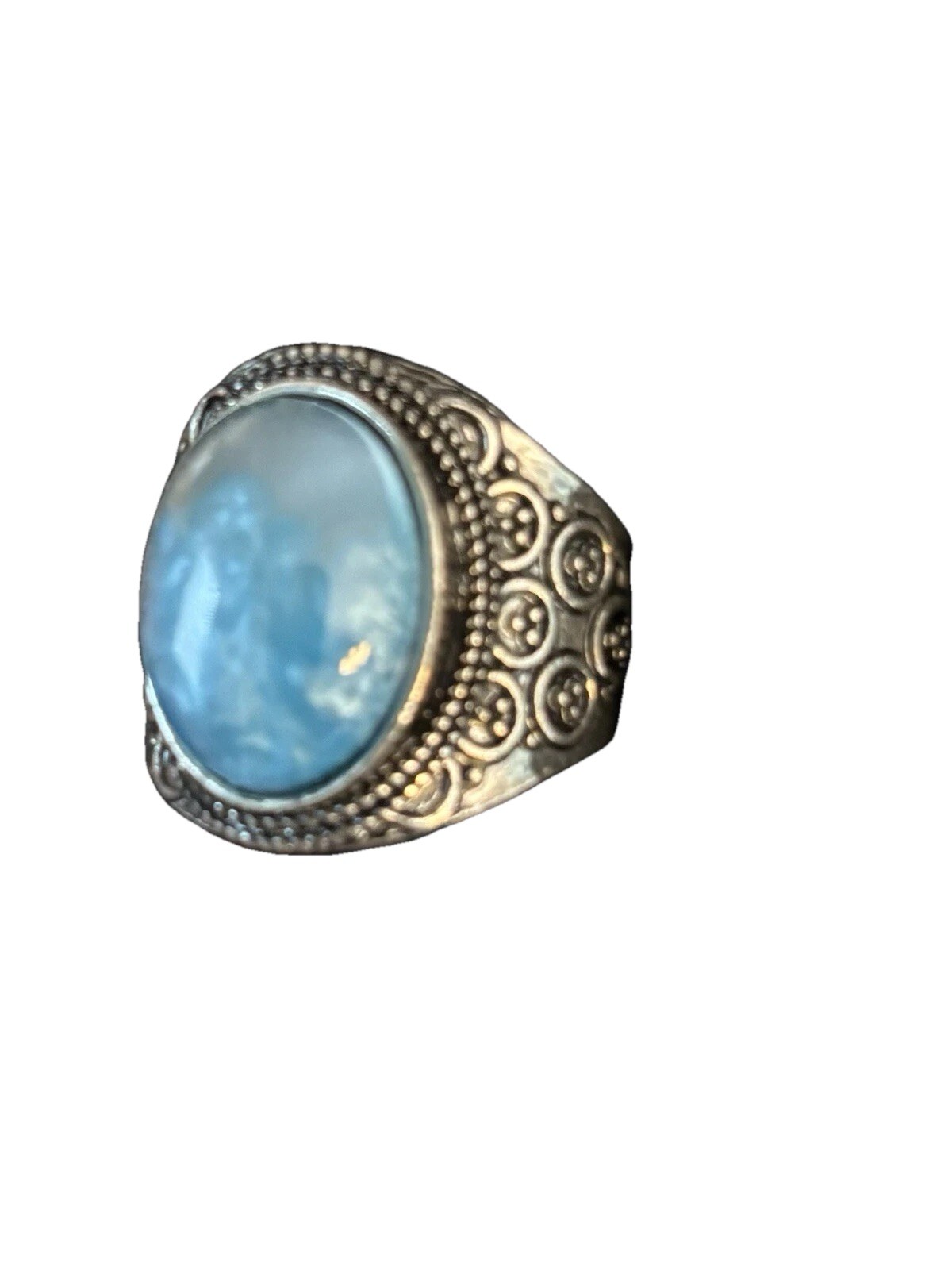 Blue Gemstone Statement Ring Silver Plated Court Style Sz 11 Larimar