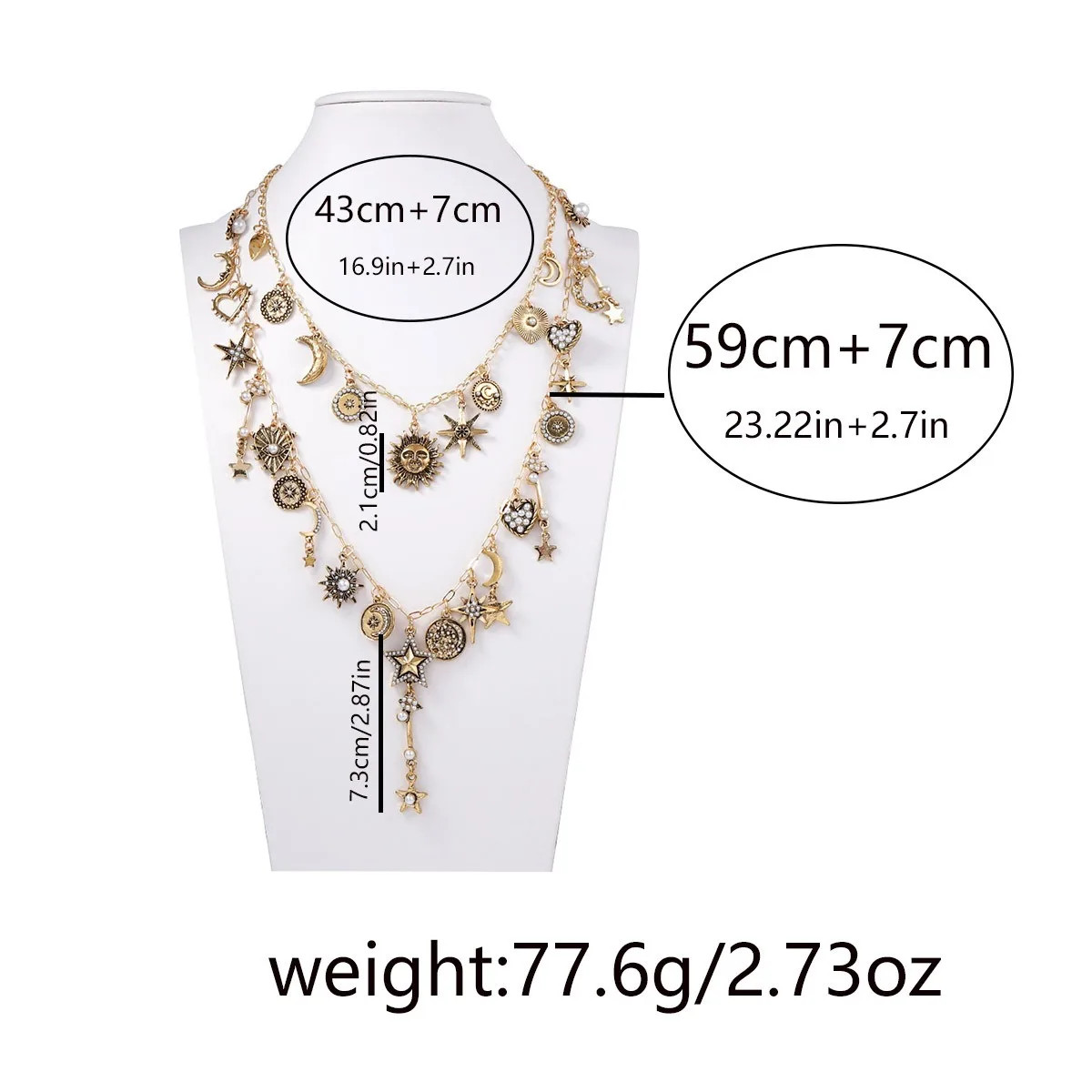 Boho Vintage Style Necklace with Sun Moon Star Pendant Multi Layered Long Design