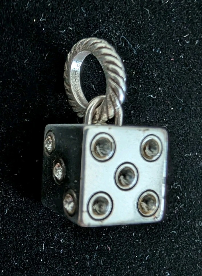 Silver Tone Lucky Dice Cube Charm Pendant Crystal Pips Twisted Cable Bail