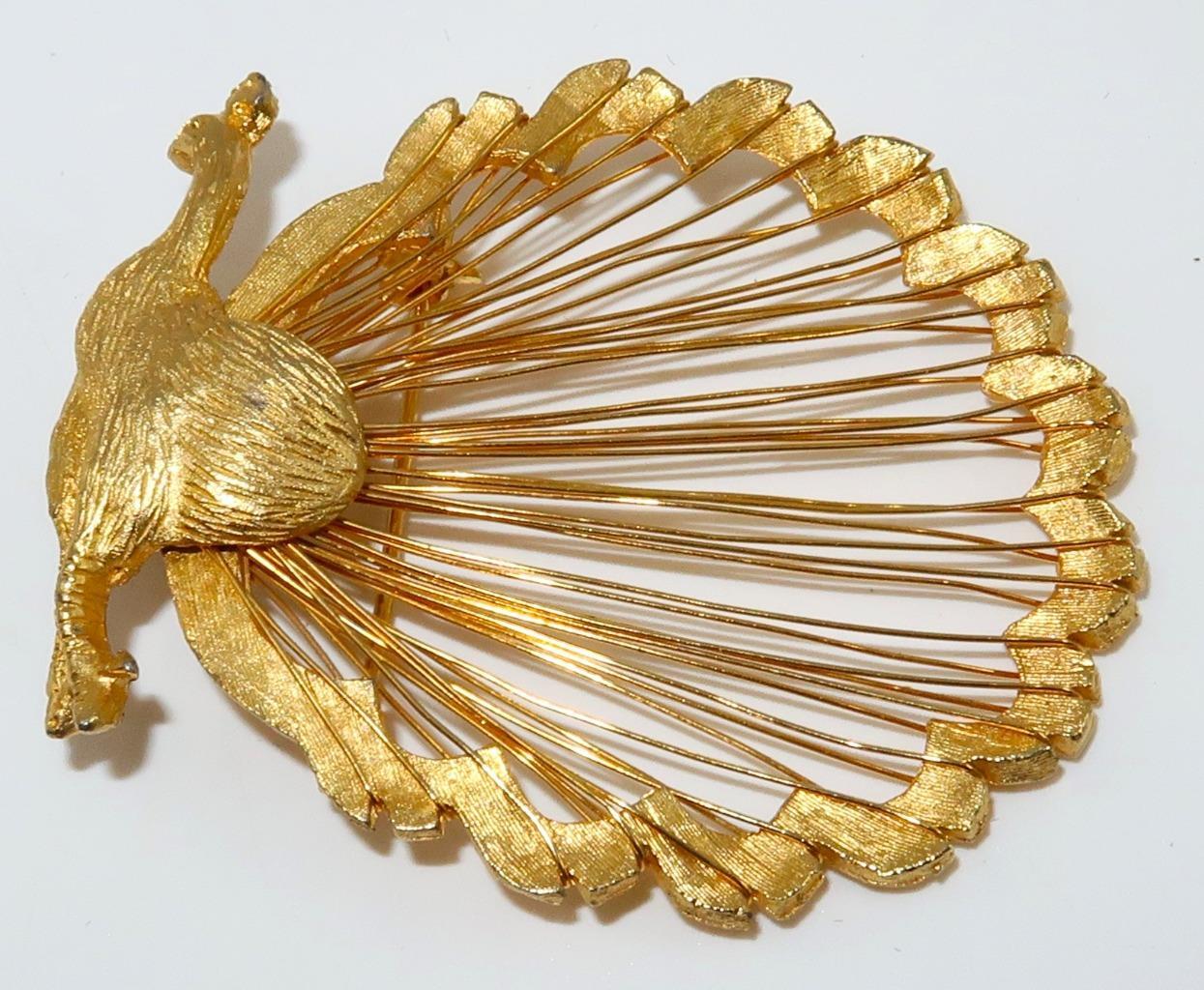 Vintage Gold Tone Wire Peacock Brooch, 2 1/8″ x 1 7/8″