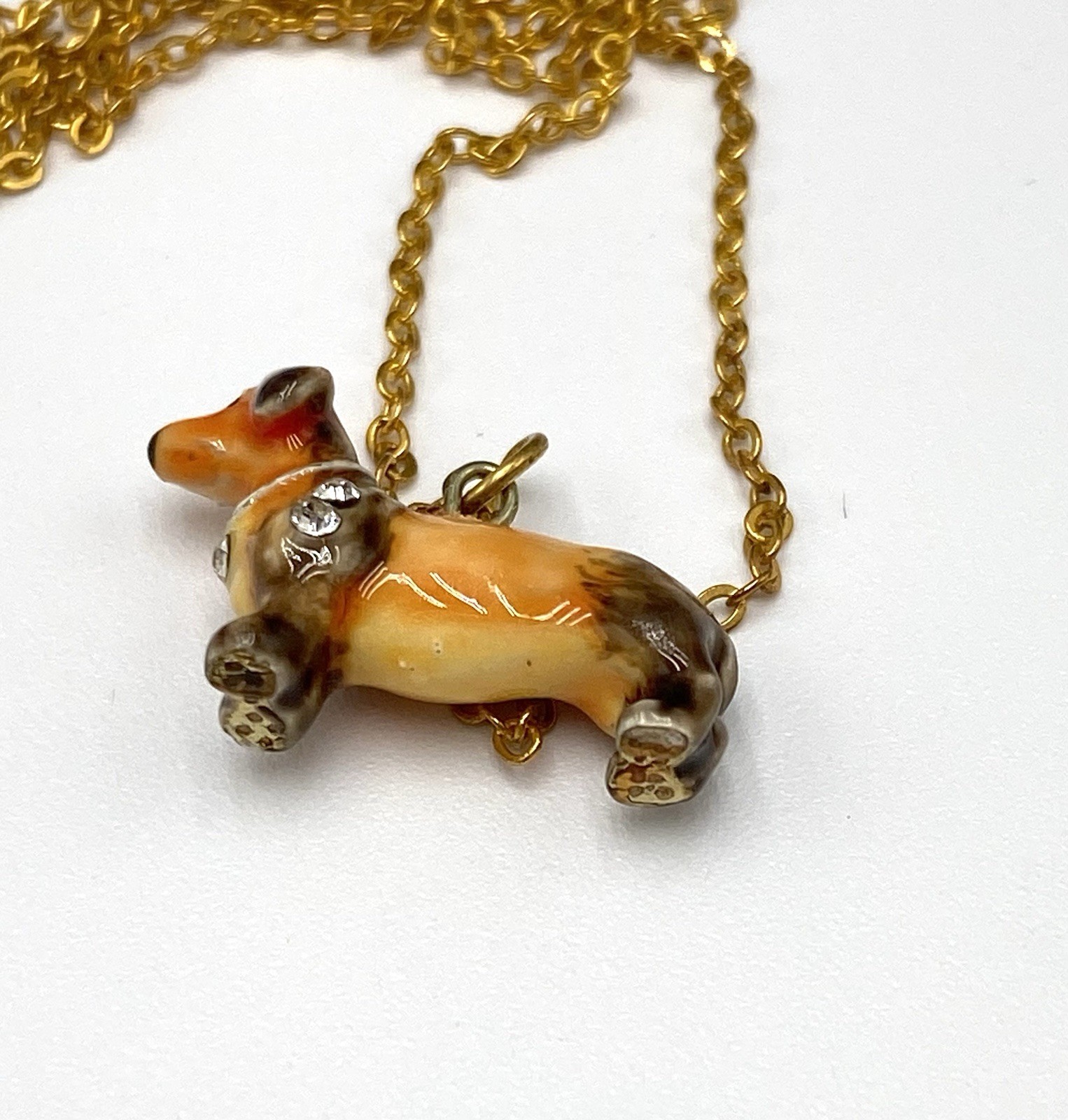Enamel Ceramic Tiny Dachshund Pendant Necklace 20”
