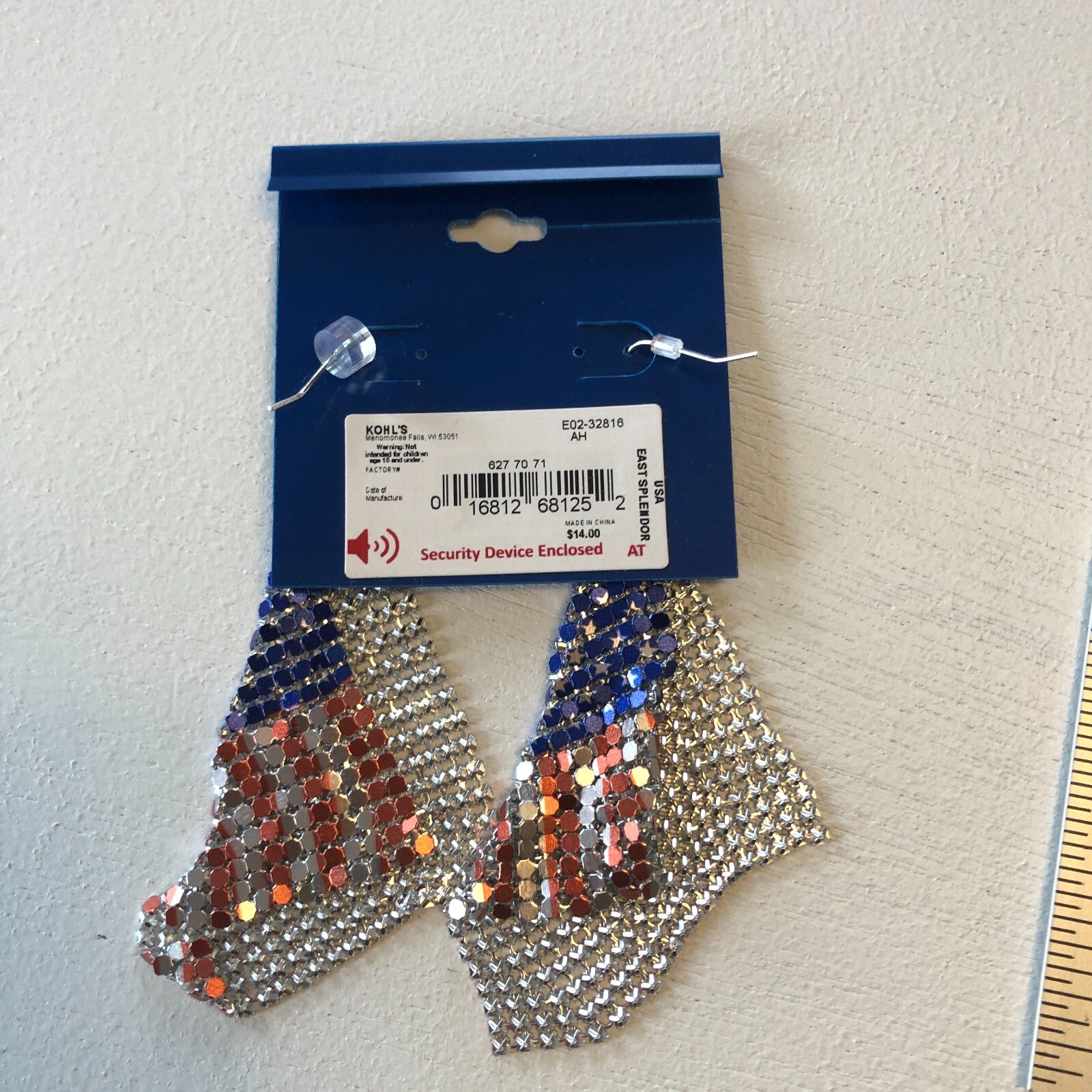 USA Flag Mesh Drop Dangle 4″ USA Flag Red Silver Blue Earrings NWT