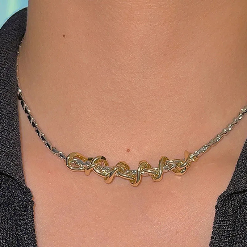 Silver Gold Tone Interwoven Necklace Punk Fashion Statement Jewelry for Wom