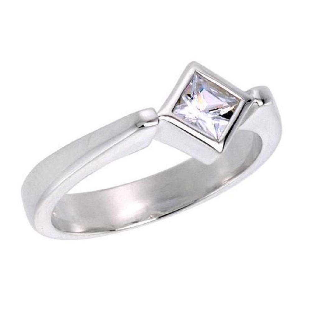 Sterling Silver Engagement Ring w/ Bezel Set 4.5mm (0.5ct) Princess Cut CZ Stone