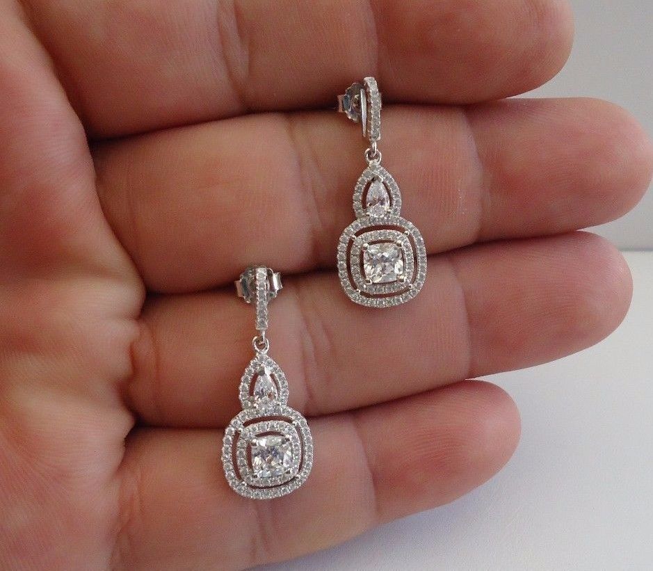 925 STERLING SILVER CLEAR TEARDROP SQUARE DANGLING EARRINGS W/ 4 CT LAB STONES