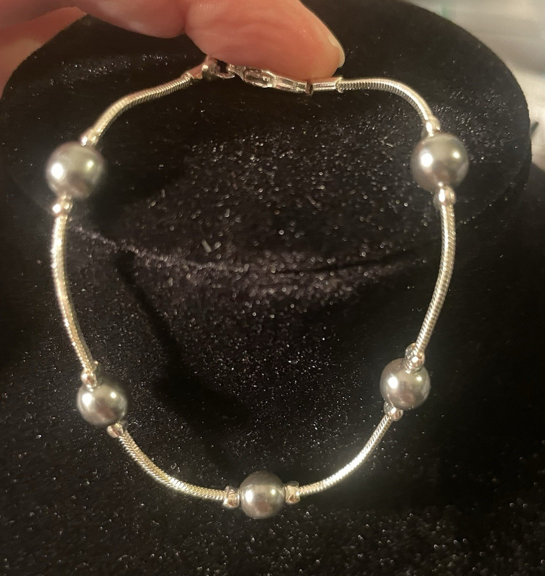 Silver Tone Snake Chain Beaded Station Bracelet Lobster Clasp Stackable 7 in