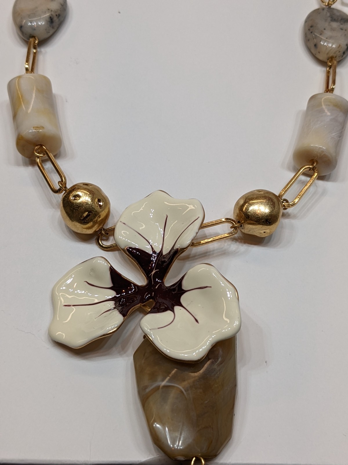 Zara Tropical Flower Pendant Necklace Faux Stone Pearl Statement Jewelry
