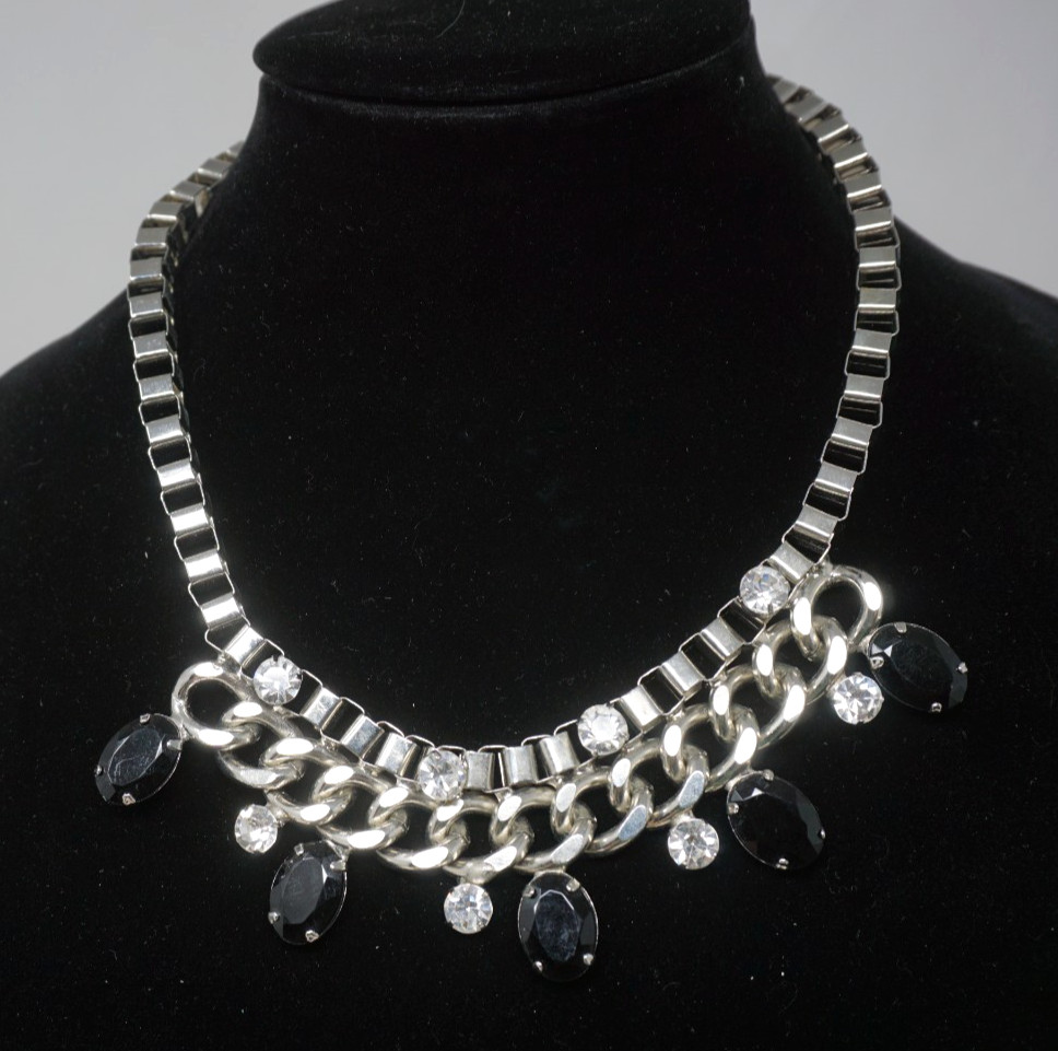 Black Faceted Statement Necklace Silver Tone Adjustable Chunky Bib Rhinestones