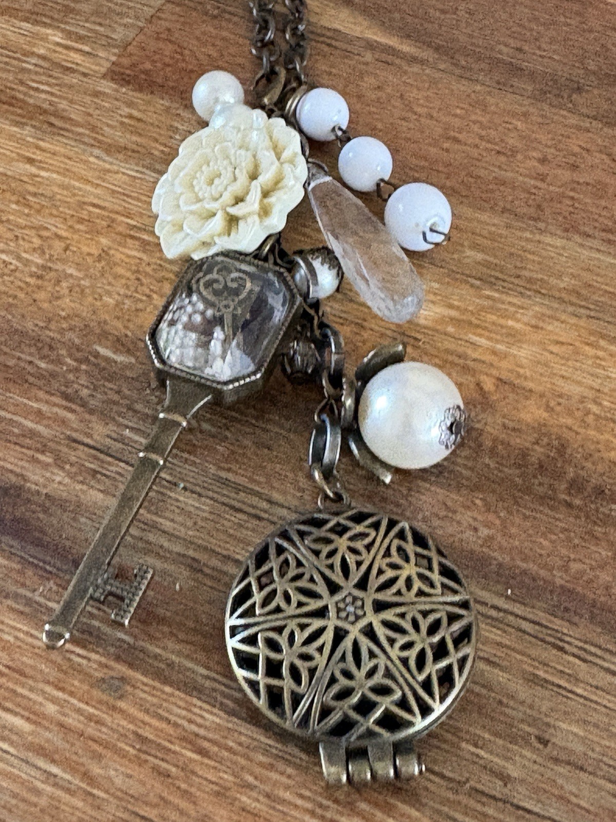 Plunder Statement Charm Necklace Key Locket Flower Faux Pearl + Floral Choker