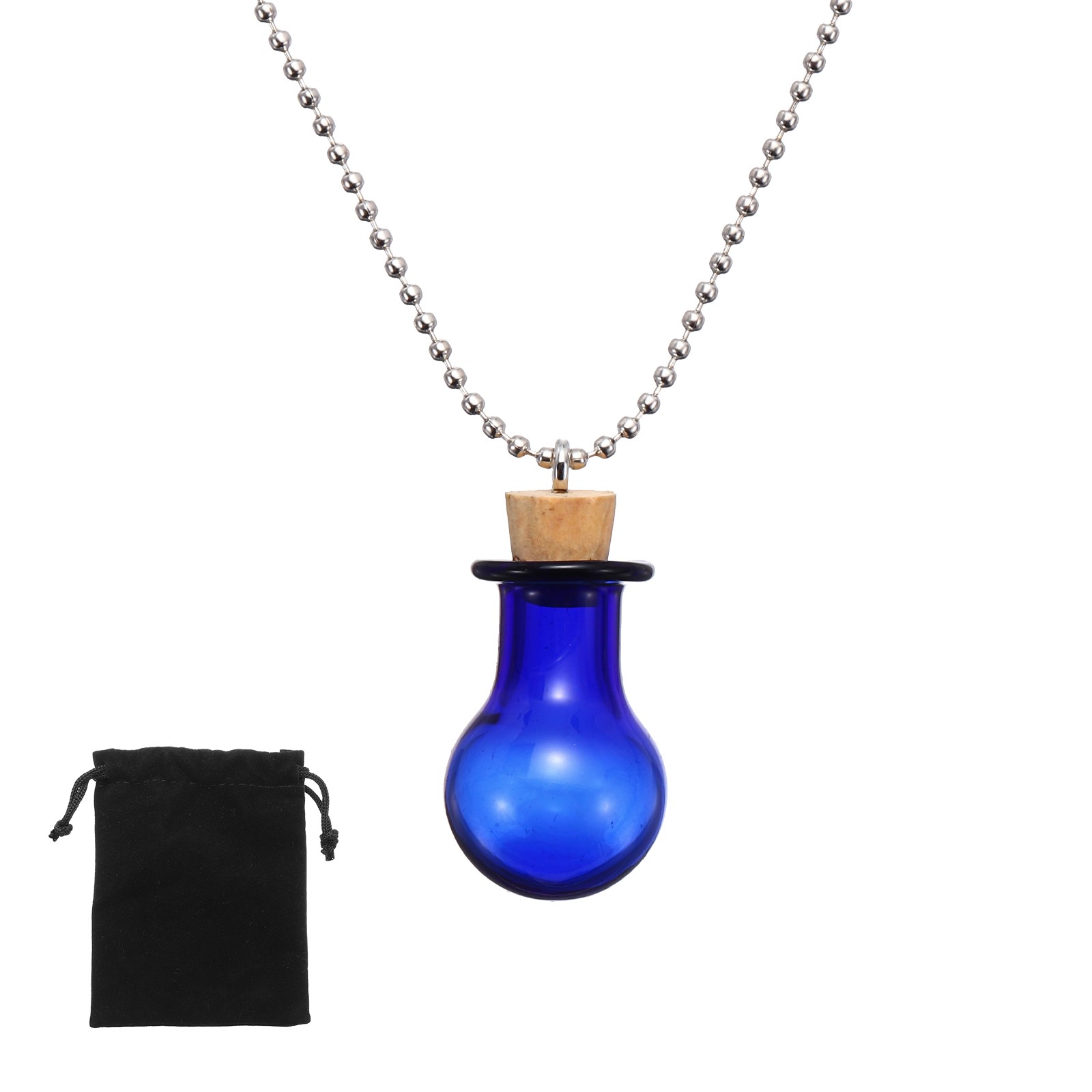 23mm Vial Necklace with Cork Stoppers Black Velvet Bag, Ball Shaped, Blue