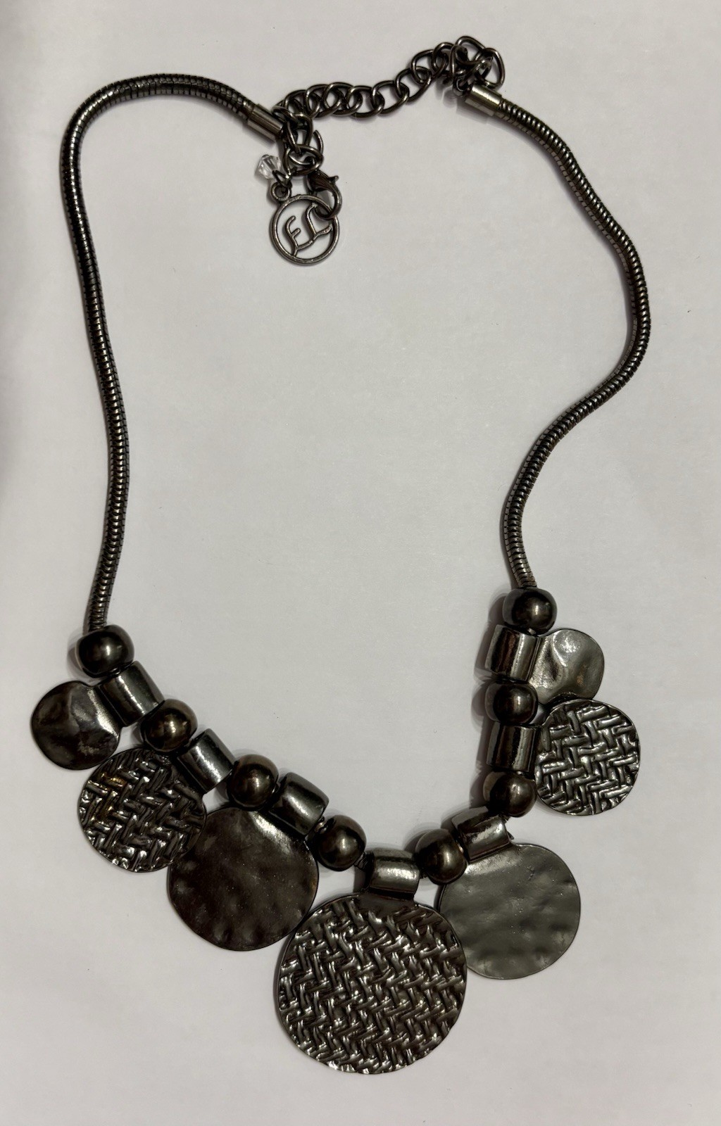 Gunmetal-Tone Round Disc Charm Pendant Necklace, Adjustable Snake Chain