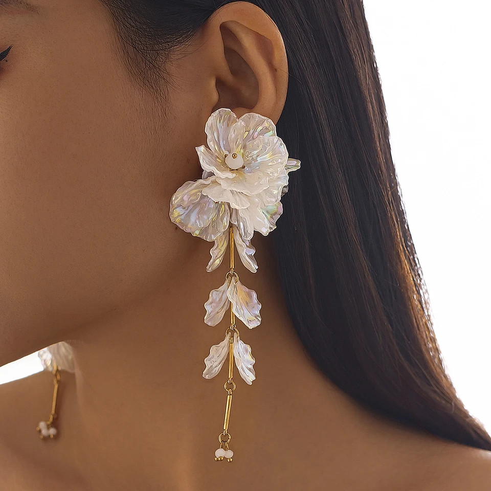White Flower Drop Earrings Petal Hanging Silver Tone Womens Jewelry Daily Wear