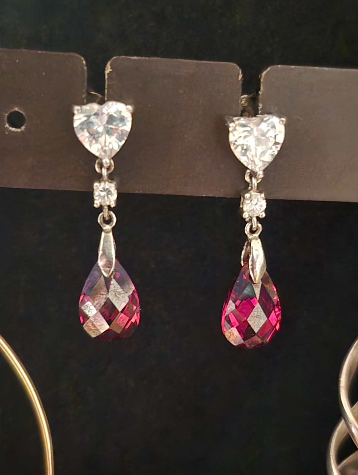 2010s White Heart Earrings w/ Red Teardrop Gems Costume Jewelry