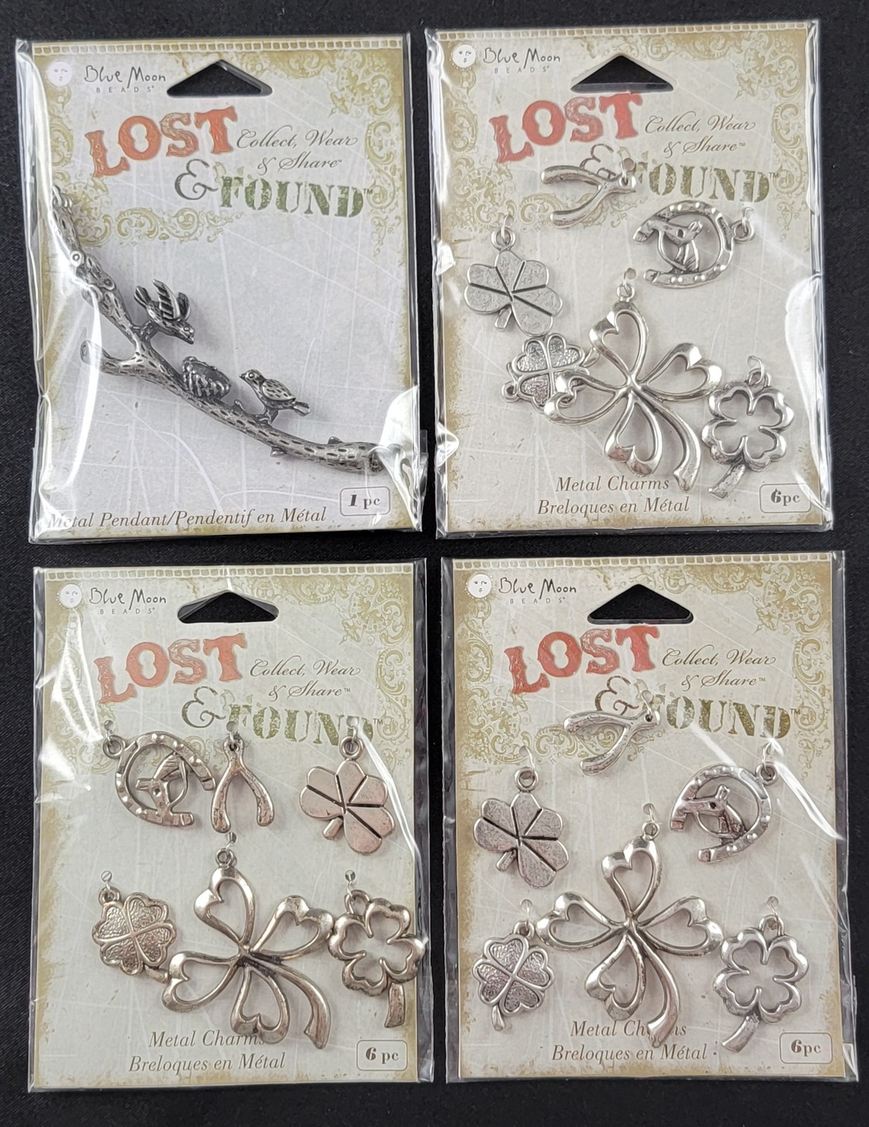 Blue Moon Beads Necklace Charms Lot of 4 Birds Horseshoe Four Leaf Clover Metal