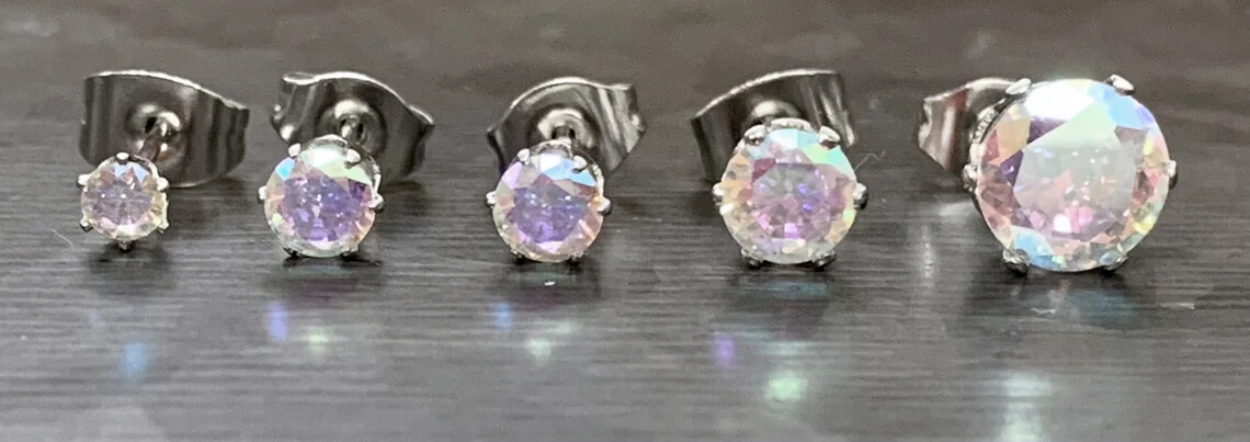 PAIR Hypoallergenic Earrings Prong Set Aurora Borealis Gems 316L Surgical Steel