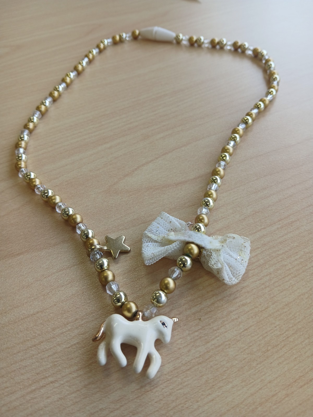 Gold & White Plastic Beaded Charm Necklace Ball/Bead Chain Bow Star Horse