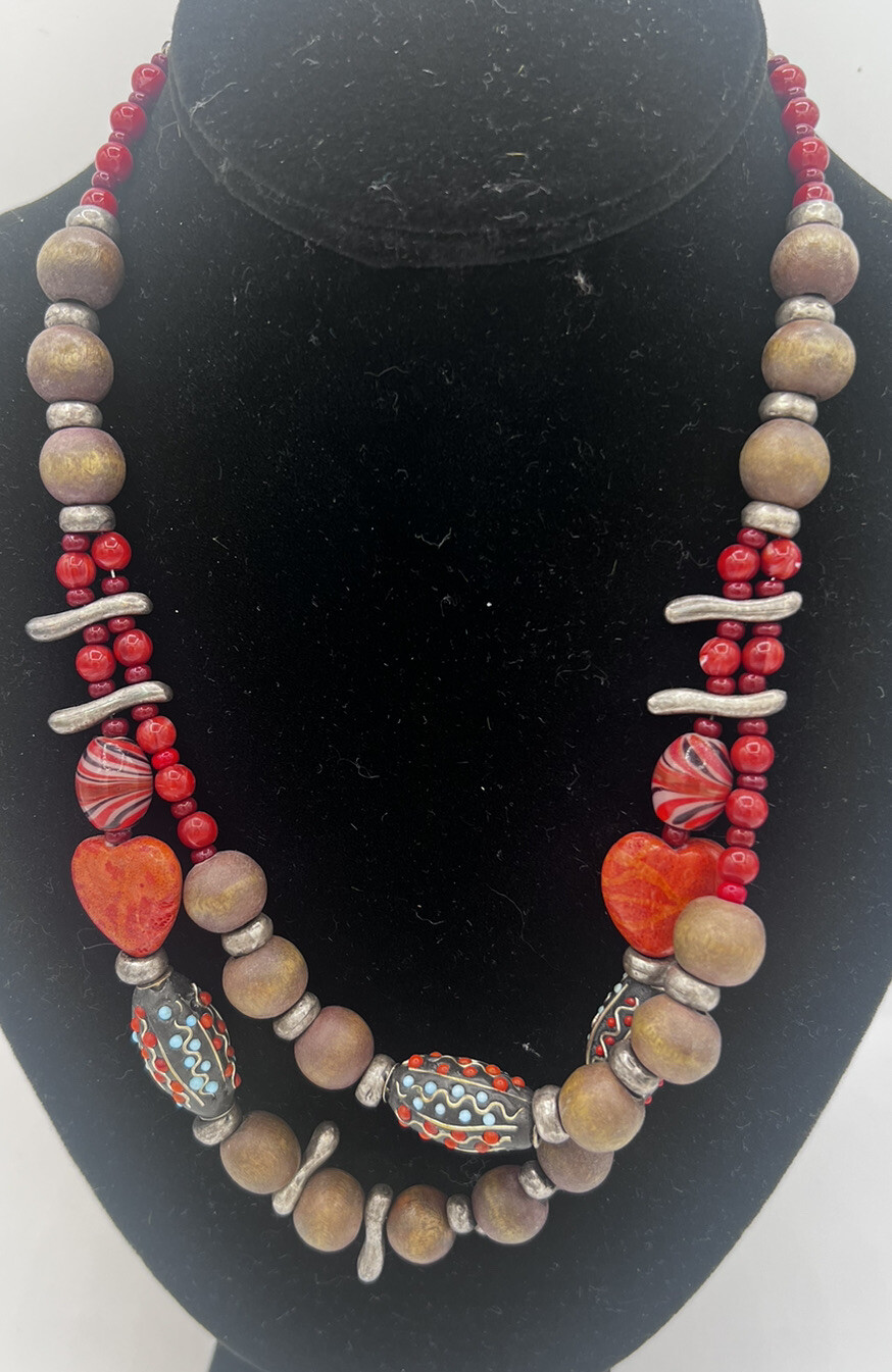 Chicos Native American Inspired Wood Painted Ceramic/Glass Bead Necklace C765