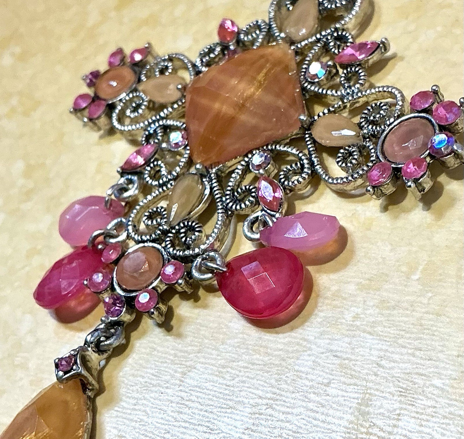 Edwardian Inspired Christian Cross Pendant & Earrings Pinks Orange Summer GOTH