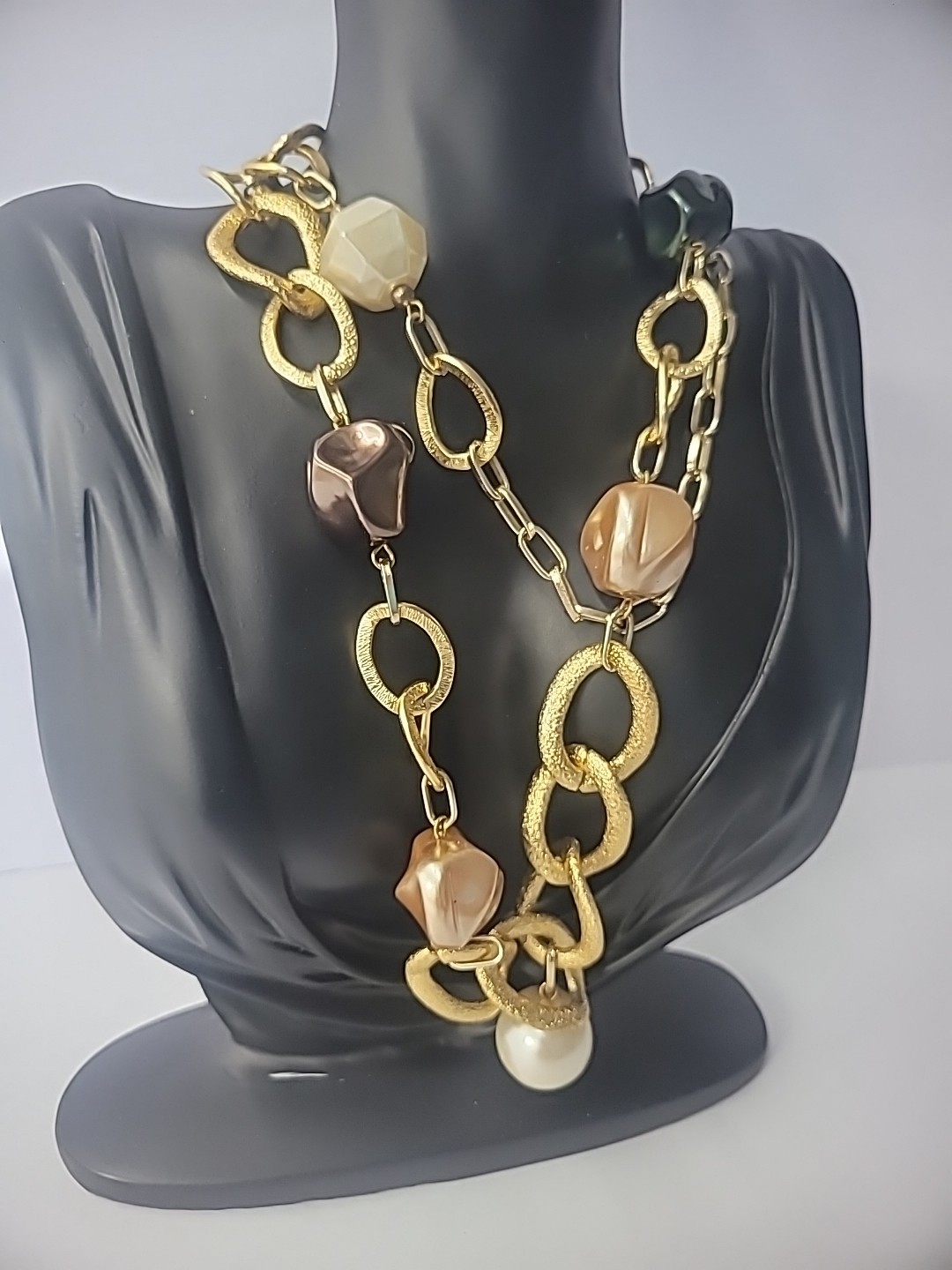 Vintage Necklace Beaded Blue Pink Gold Tone Chain Jewelry Costume
