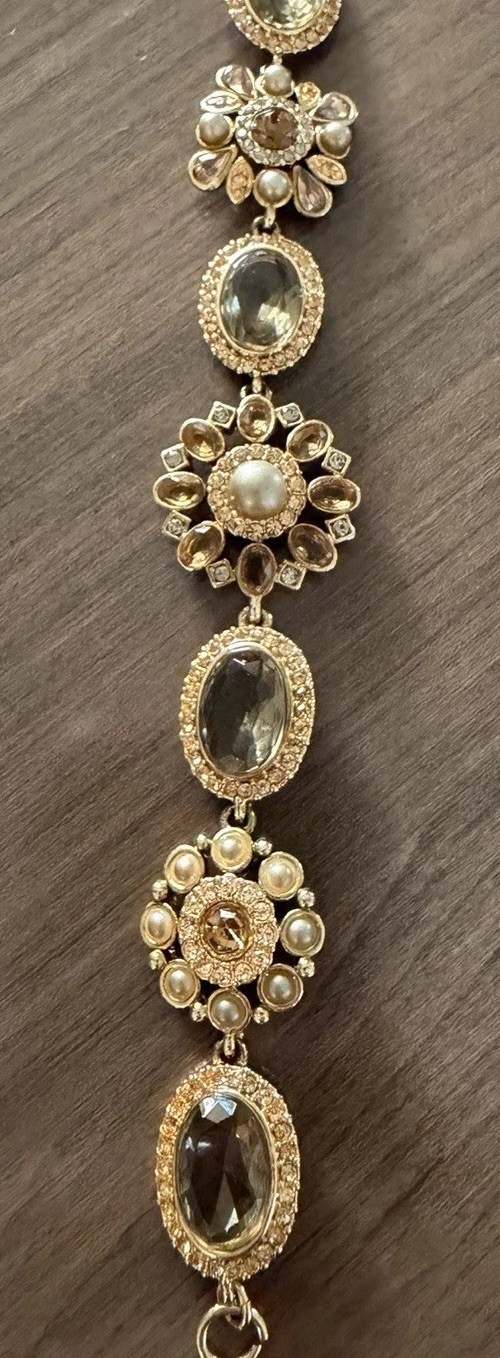 Vintage CAROLEE Gold Tone Oval Gray Crystal & Faux Pearl Link Bracelet 7in