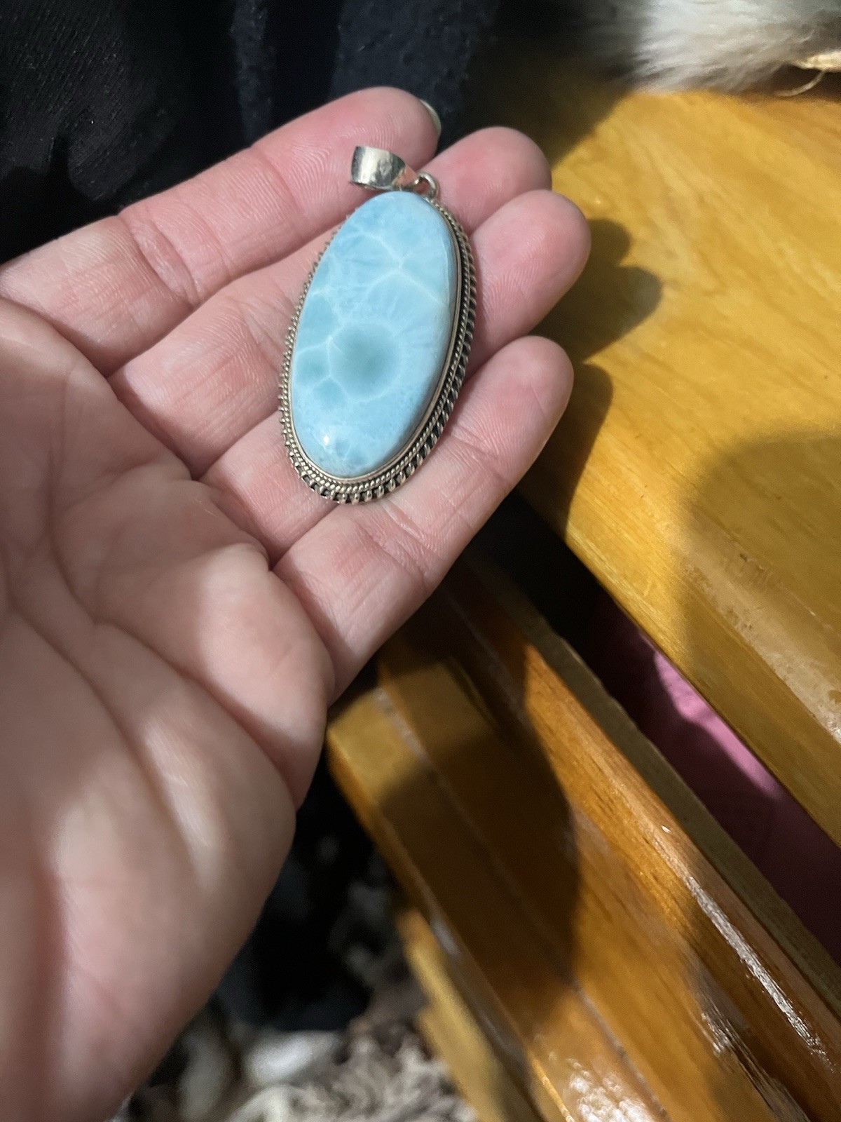 Sterling Silver Oval Pendant Charm Blue Larimar/Pectolite Stone