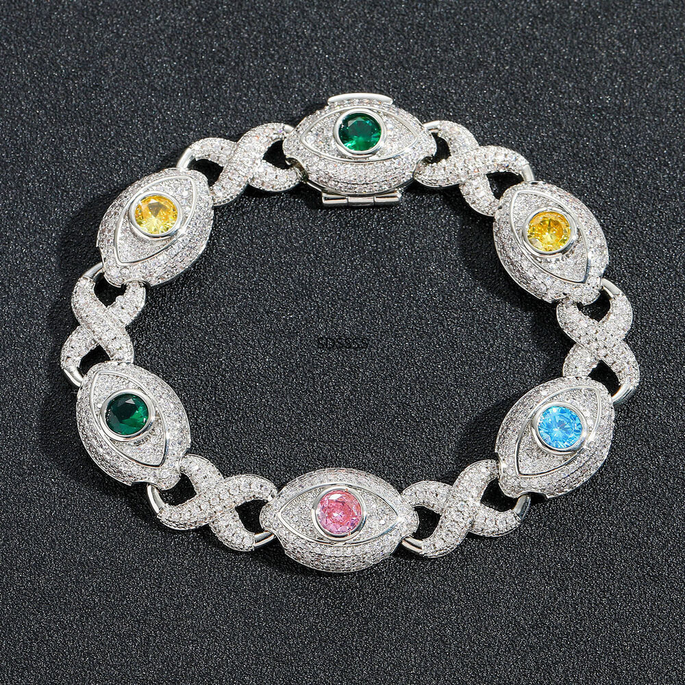 Cuban Chain Necklace Bracelets Zircon Mens Jewelry Hip Hop Colorful Eye