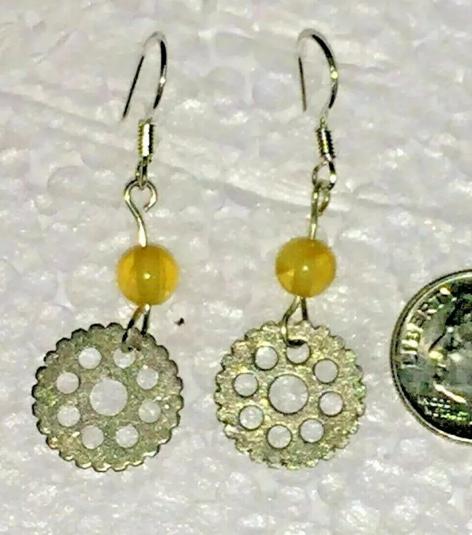 Spokes, yellow stones, hook earrings, stone, new unisex jewelry, Steampunk cogs