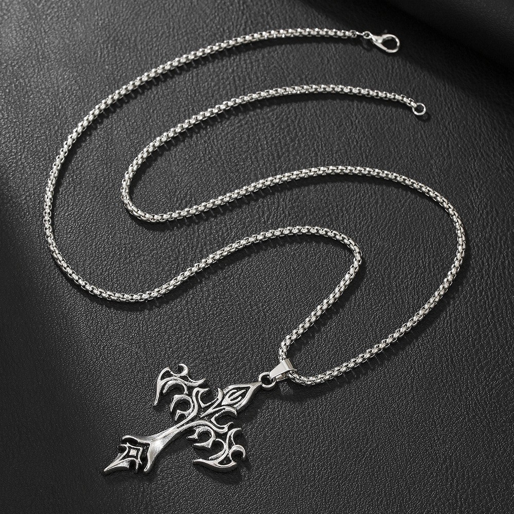 Tribal Flame Carved Cross Pendant Box Chain Necklace Stainless Men Neck Jewelry