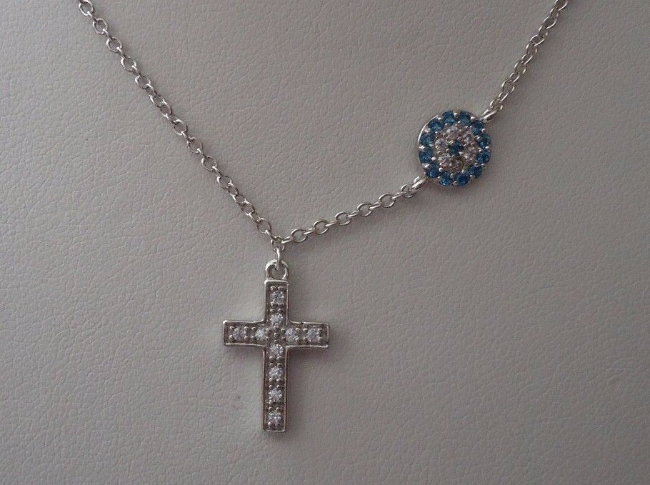 CROSS PENDANT NECKLACE W/ .75 CT WHT/ BLUE LAB DIAMONDS / 925 STERLING SILVER