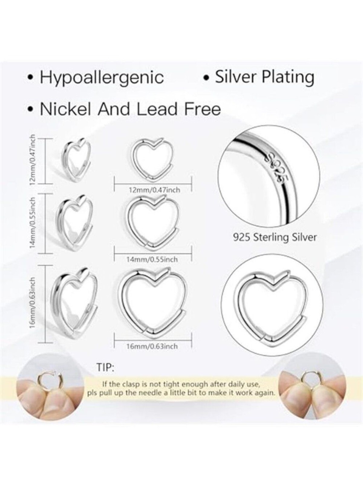 925 Sterling Silver 3 Pairs Heart Earrings Set for Women 14K Gold Plated Hoops
