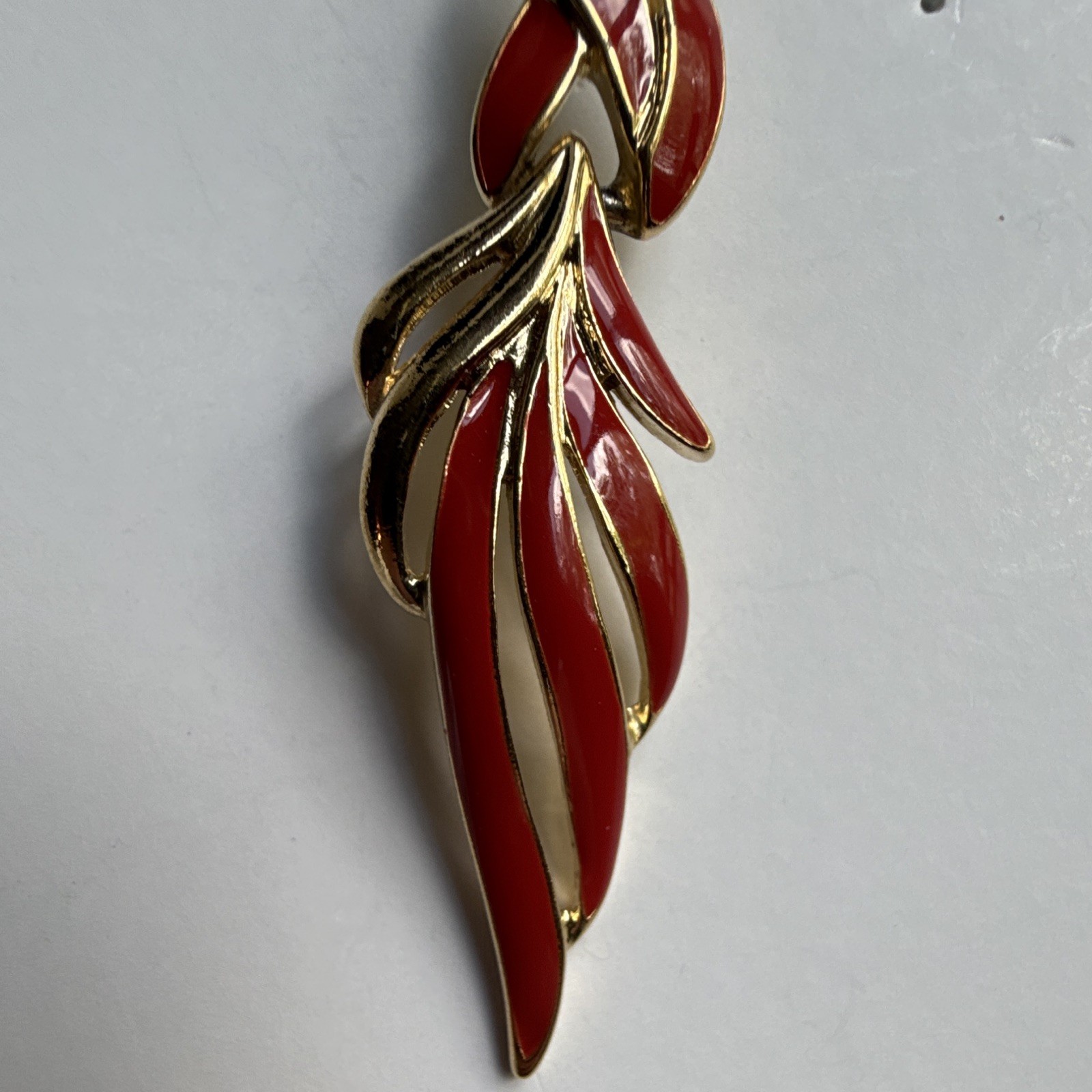 Vintage Crown Trifari Signed Leaf Dangle Stud Earrings Red Enamel & Gold Tone