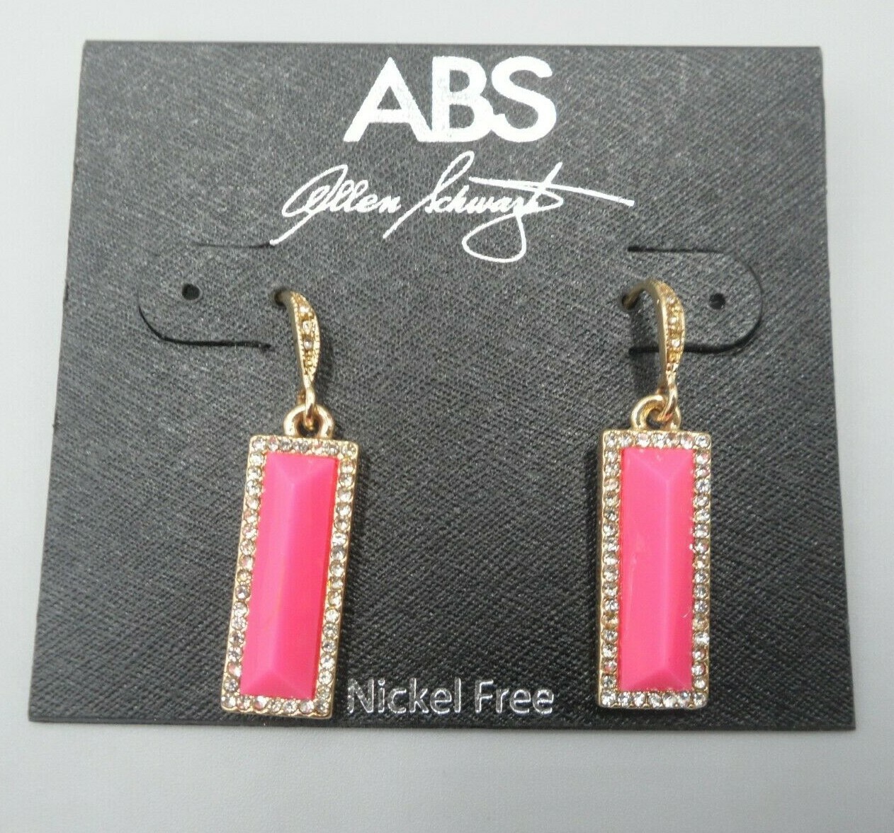 ABS Signed Earrings Hot Pink Rectangle Rhinestone Bar Nickle Free $40 Retail