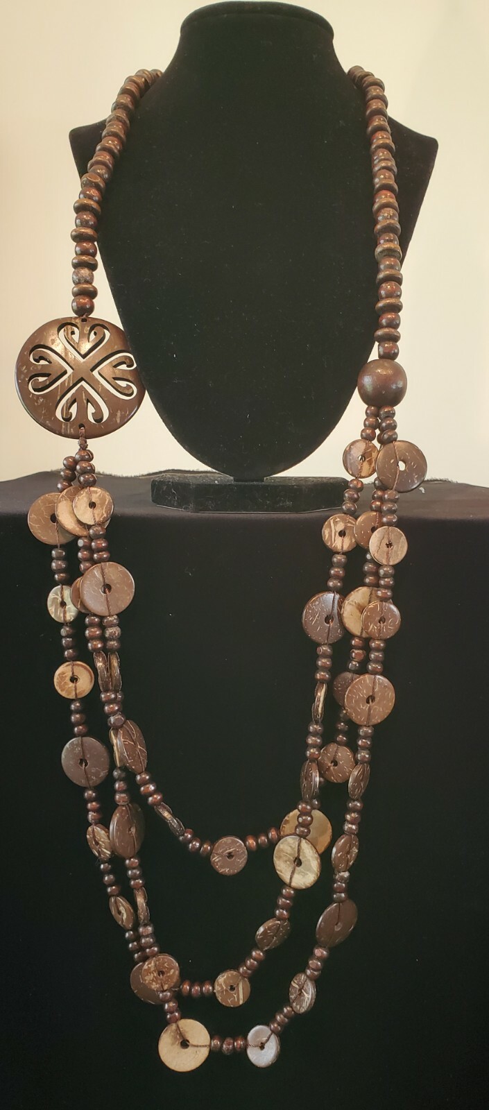 3-Strands Wood & Plastic Disc /Beads Necklace