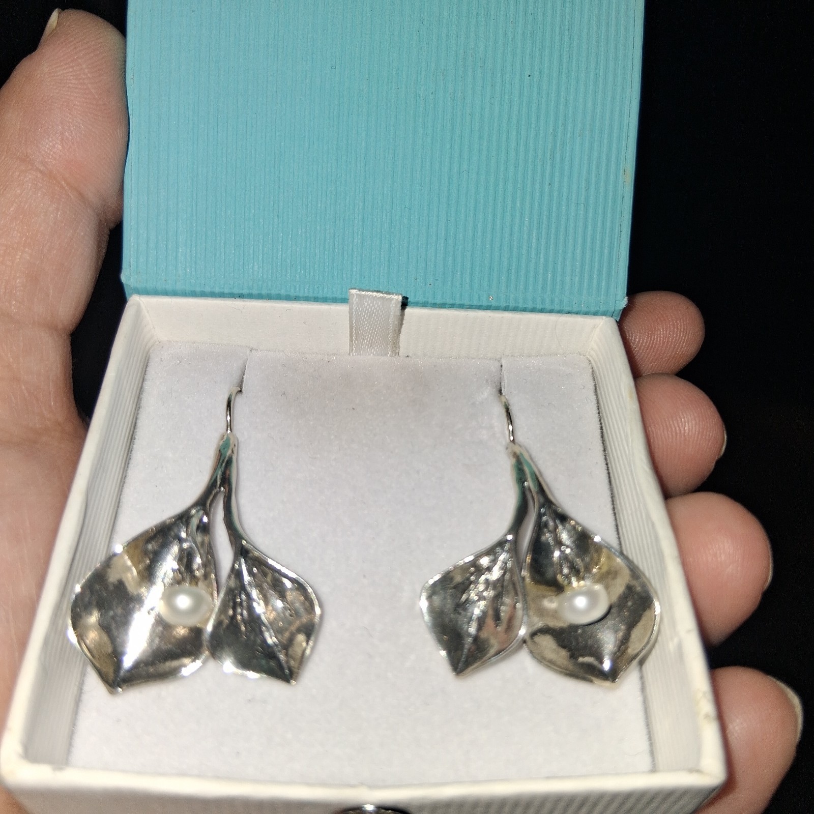 Silver 925 Vintage Shablool DIDAE Israel Calla Lily Pearl Dangle Earrings