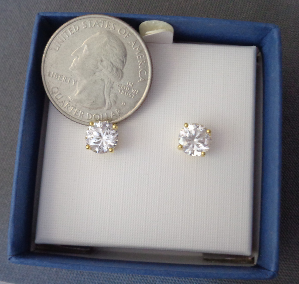 Sterling Silver Gold PL Stud Earrings Big 6.8 MM Sparkling CZ Stones Boxed JCM