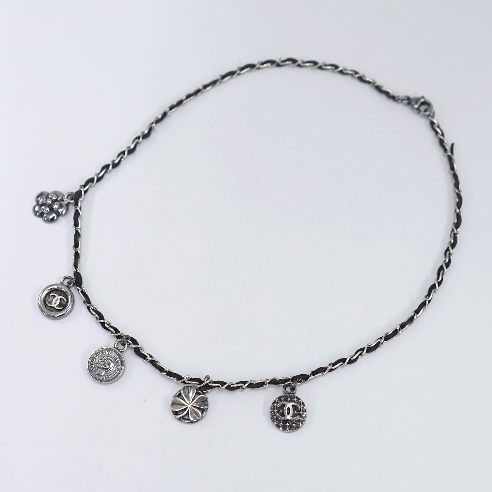 CHANEL Multi Charm Leather Clover Camellia Coin Necklace 16″ Gray Tone 96P Auth