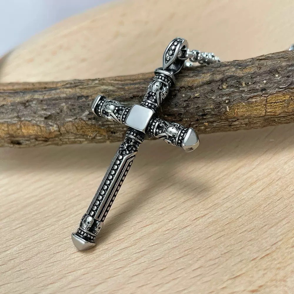23″ Retro Vintage Cross Pendant Necklace Stainless Steel with Black Onyx Zircon