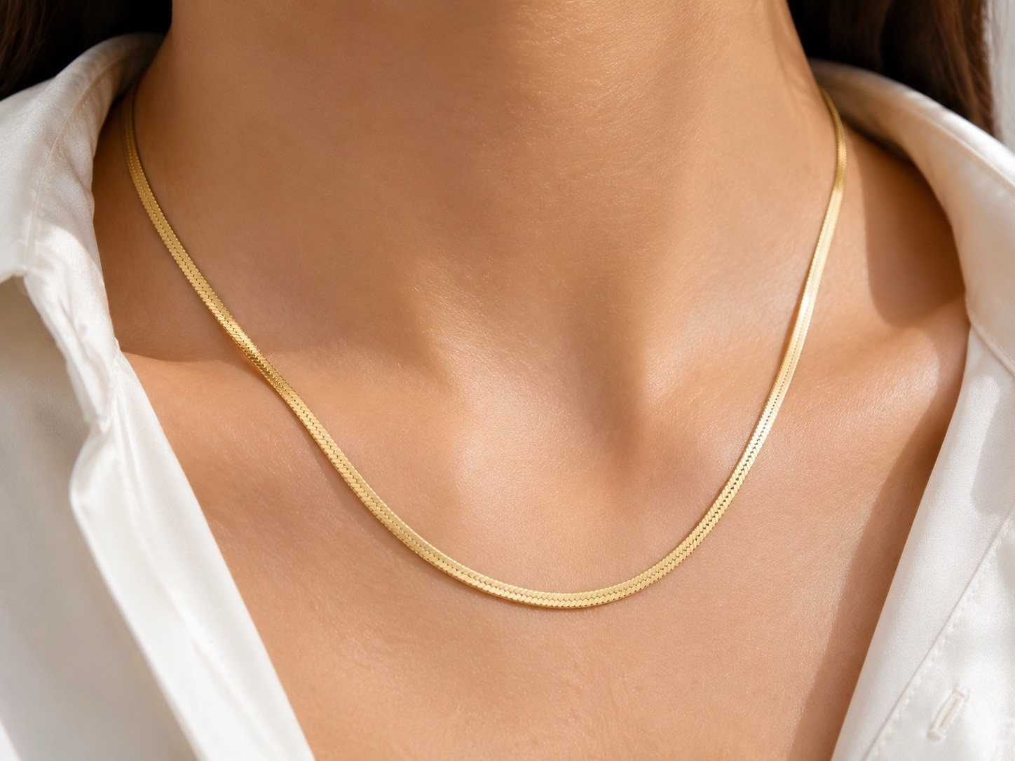 Real Gold Finish 3mm Snake Bone Chain Necklace Titanium Steel 40+5cm Women