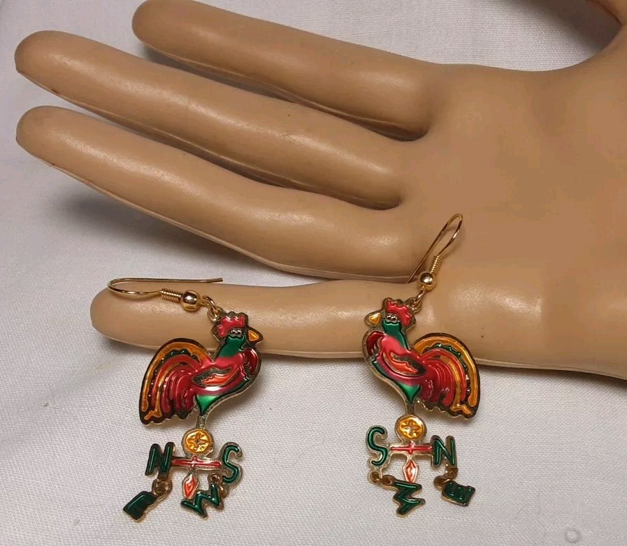 Earring Gold Tone Cloisonne Multicolor Chicken Roaster Dangle N S W E Pierce