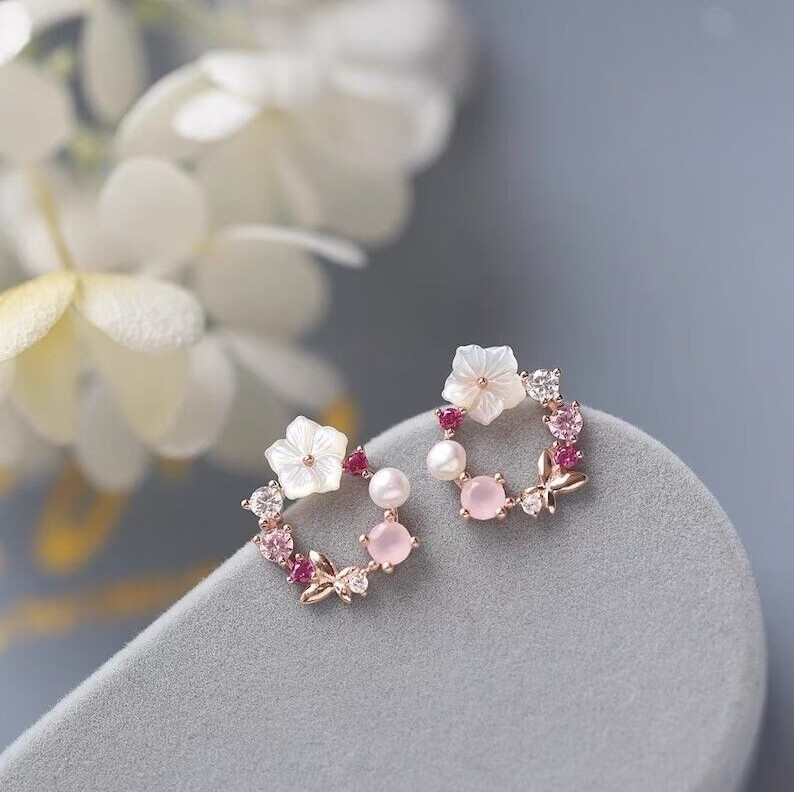 925 Sterling Silver Circle Flower Pearl Dainty Minimalist Women Stud Earrings