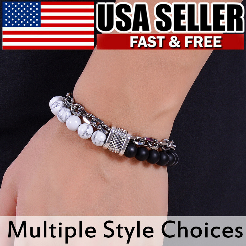 Men’s Stainless Steel Beaded Bracelet With Tiger Eye,Natural Map Stone Women