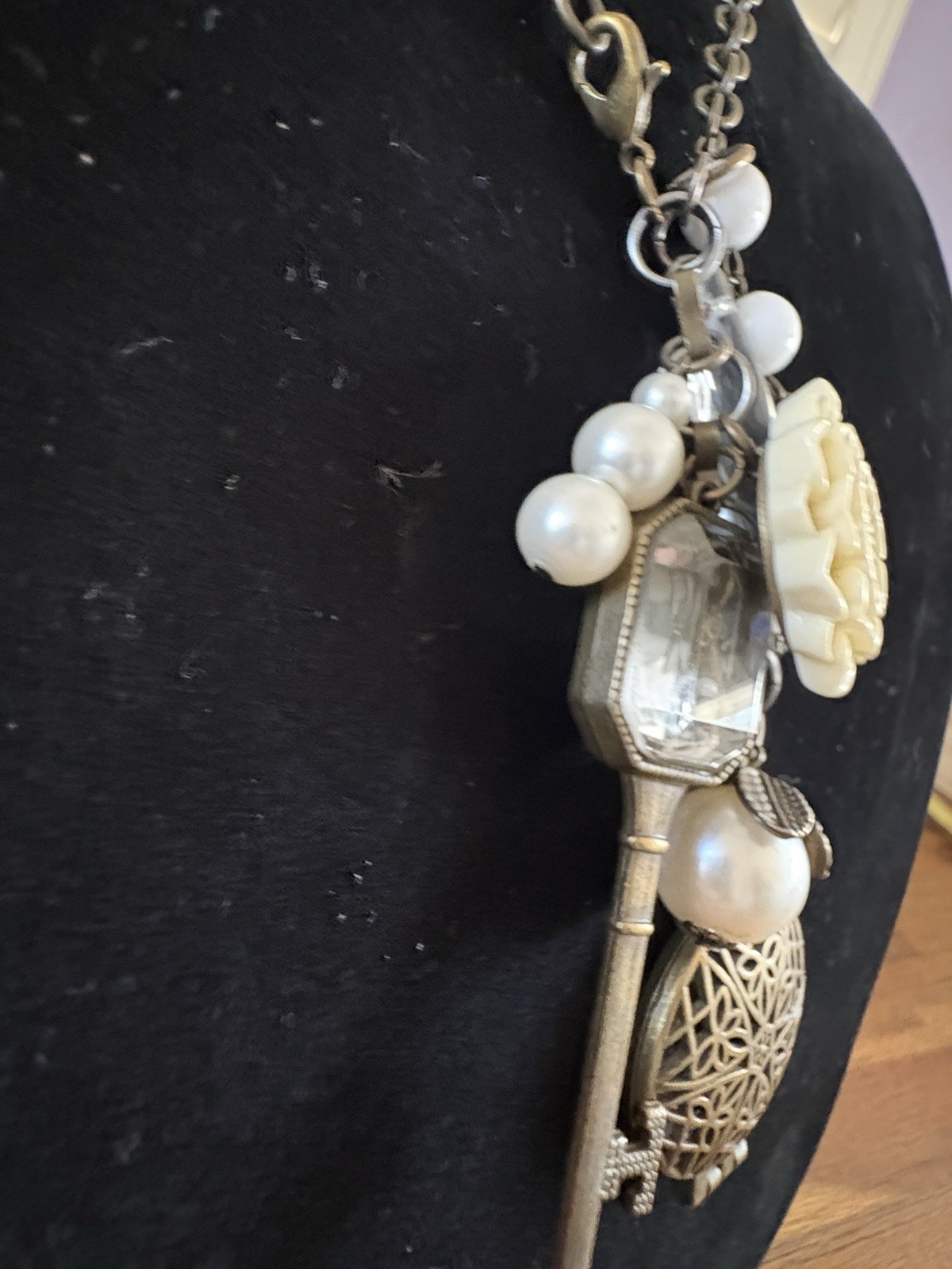 Plunder Statement Charm Necklace Key Locket Flower Faux Pearl + Floral Choker