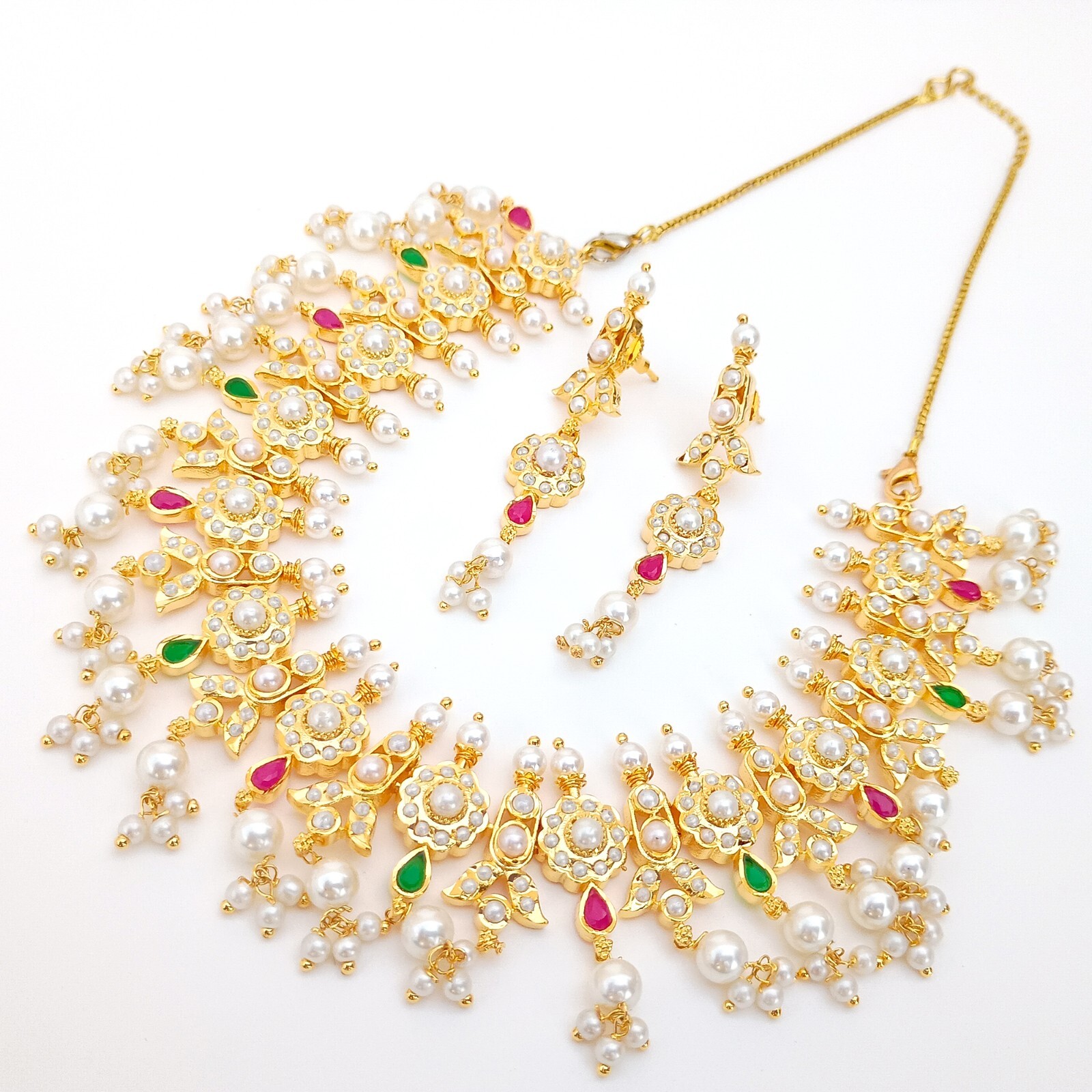 Premium Pearl & Ruby & Emerald Meenakari Necklace jewelry, Gold plated Necklace