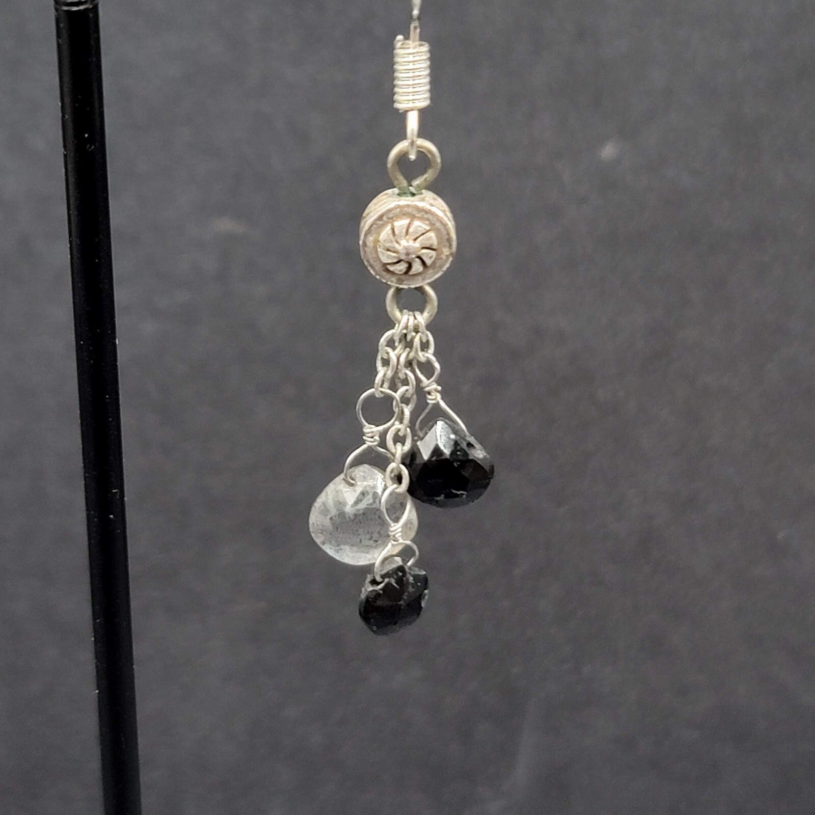 Pierced Earrings Silver tone Black Gray Stones on Dangle Chains 1.25″